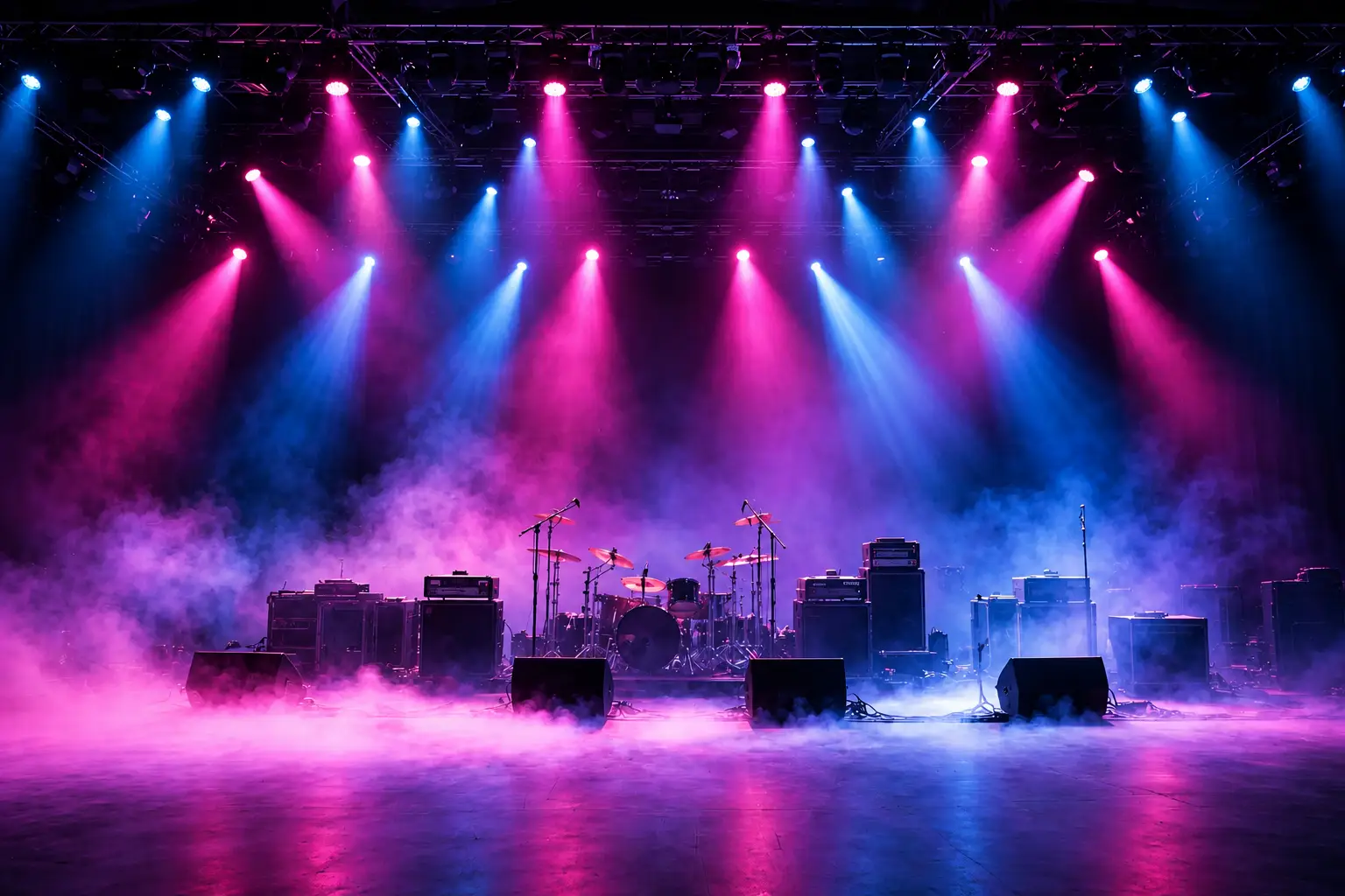 Konzertbühne mit violett-blauer Lichtshow, Bühnennebel und professioneller Eventtechnik.