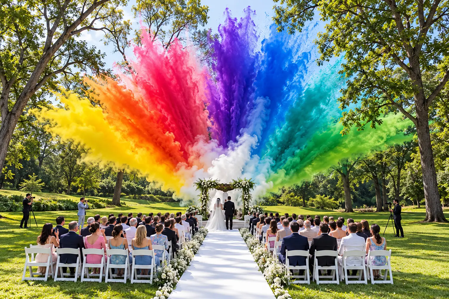 Outdoor-Hochzeit mit farbigen Rauchsäulen und bunten Effekten über der Zeremonie.