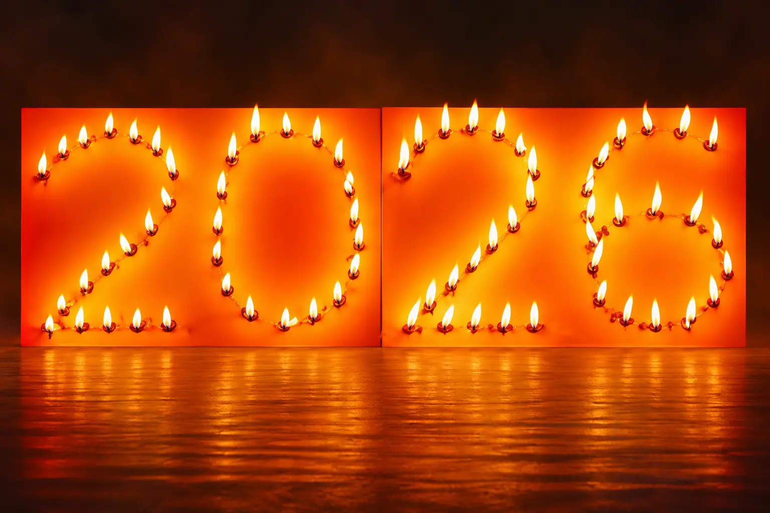 Die Zahl 2026 als Feuerschrift aus einzelnen Flammen auf leuchtenden Tafeln.
