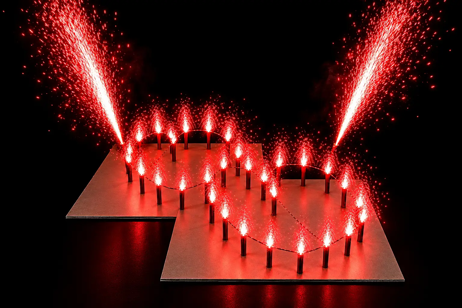 Rote Funkenfontänen in Herzform als pyrotechnischer Spezialeffekt für Hochzeiten und Events.